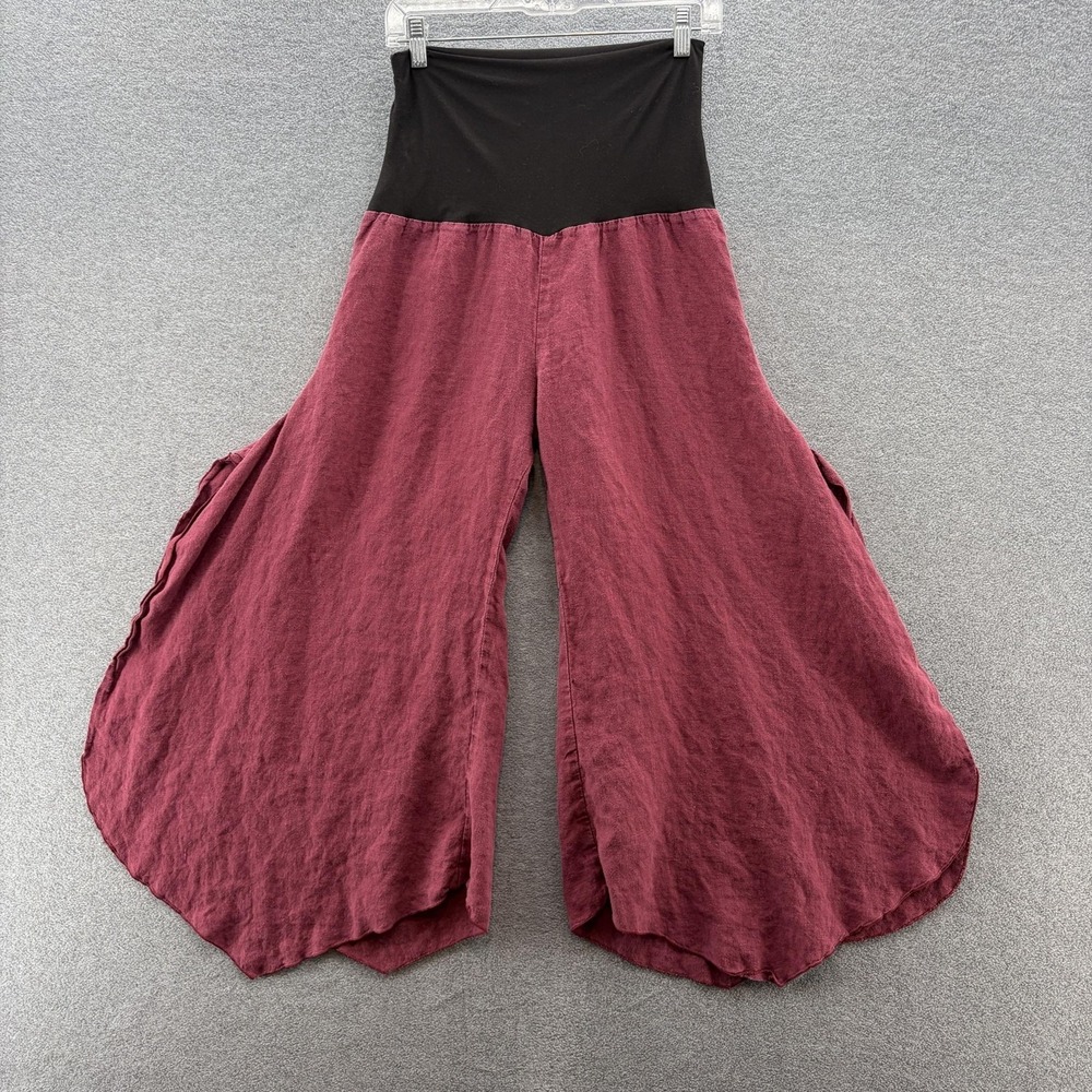 Olive Loom Pants Womens Small Red Linen Harem Wide Leg Pull On Festival Hippie